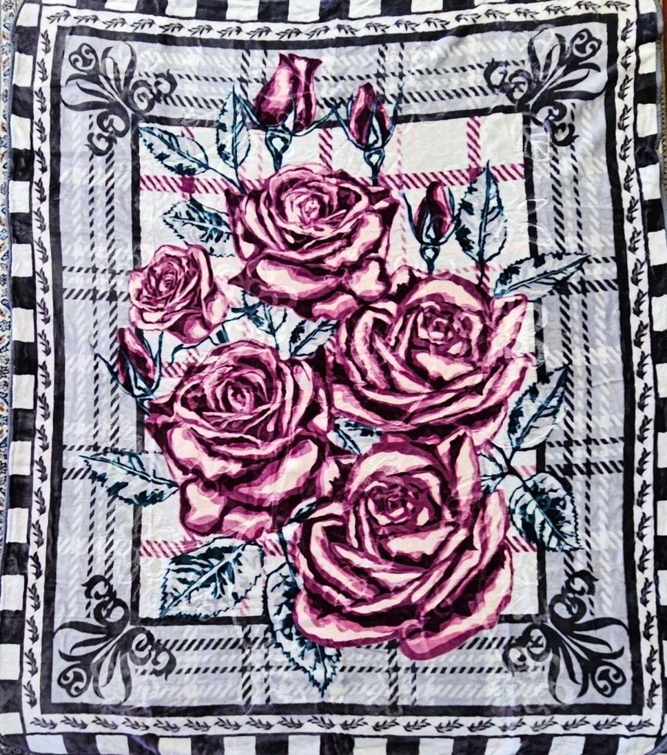Gray Frame and Pink Florals - ‘Shadilon’ Mink Blanket (Double)