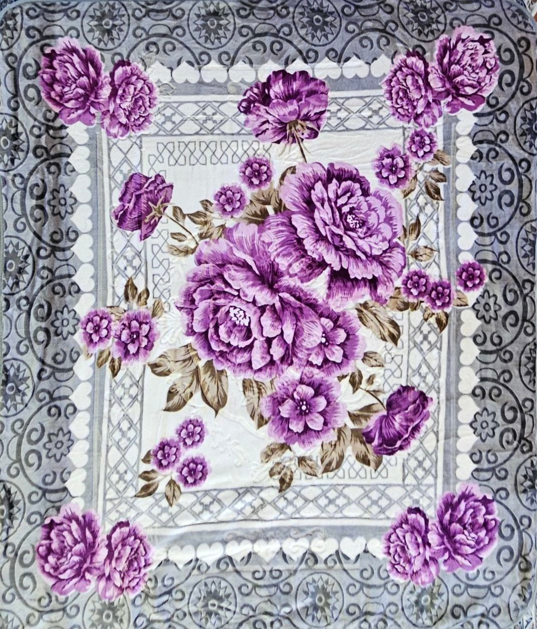 Gray and Purple Florals - ‘Shadilon’ Mink Blanket (Double)