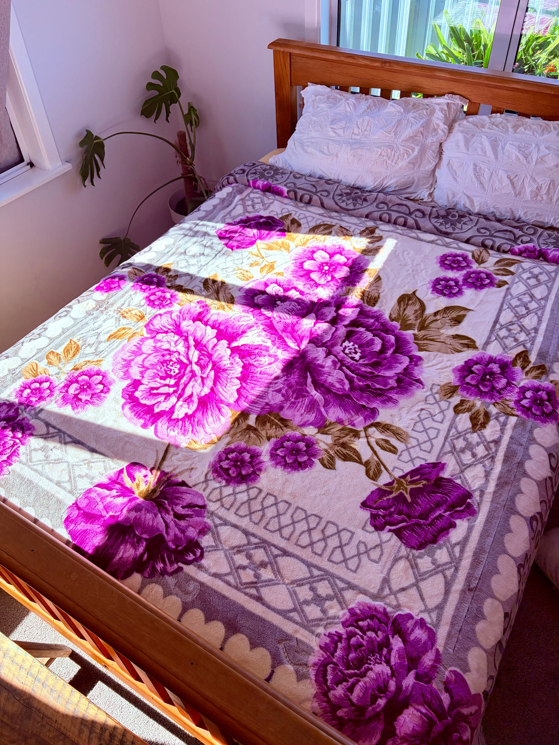 Gray and Purple Florals - ‘Shadilon’ Mink Blanket (Double)